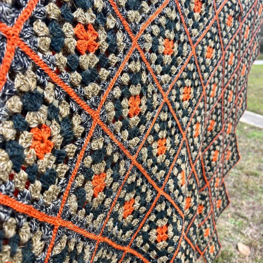 Vintage Crochet Granny Square Afghan Blanket Fall Colors 74x45.5